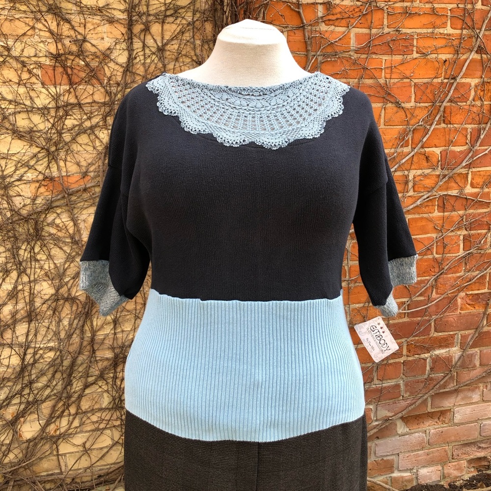 Lace Window Top Upcycled Blue Doily Knit Cotton Shirt Embody